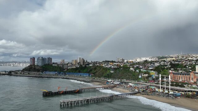 Vina del Mar in Chile with a rainbow. Beautiful aerial image of the coastline.