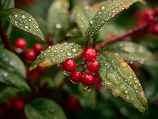 Red Berries with Dew Drops on Green Leaves, Nature Close Up