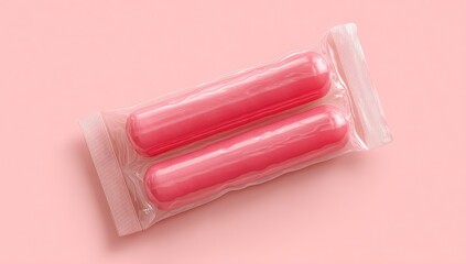 Two pink, sausage-shaped objects in clear plastic packaging on a pink background