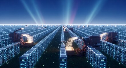 Futuristic data center and cloud computing illustration with advanced server infrastructure, artificial intelligence, machine learning, and digital network technology innovation