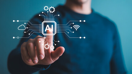 AI technology concept with digital interface and human interaction for innovation