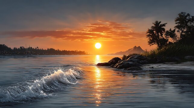 A bright vector illustration of the sun setting over a calm sea with light flares, gentle ripple lines, and serene evening tones. - Powered by Adobe