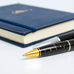 Close-up of notebook and pens on white surface