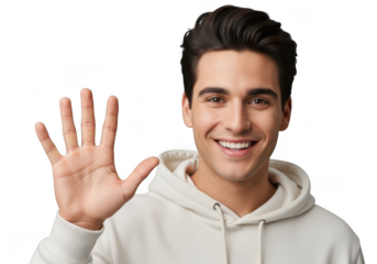 Young man waving hello with open palm indicating number five friendly greeting and positive emotion transparent background