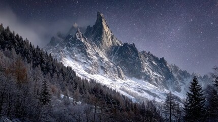 Snow capped mountains under starry night