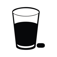 Glass of water and medication pill on a white background illustration, glass of water with pill silhouette vector illustration
