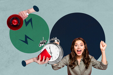 Banner 3d art pop image collage of happy businesswoman businessman stand alarm clock deadline limit...
