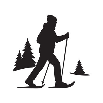 Silhouette of a person snowshoeing through a winter forest adventure outdoors recreation
