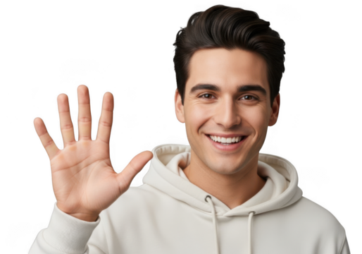 Young man waving hello with open palm indicating number five friendly greeting and positive emotion transparent background