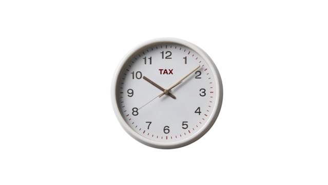A round wall clock featuring TAX in red symbolizing the importance of time management during tax season on a transparent background