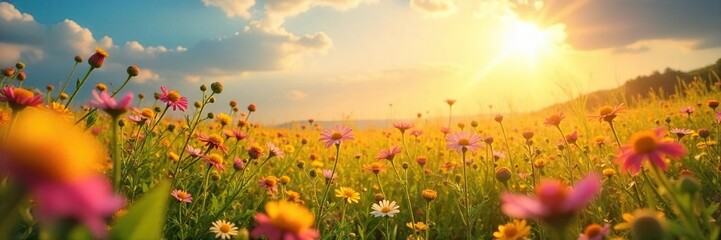 A vibrant sun shines on a field of wildflowers, conveying joy and carefree bliss Perfect for themes of happiness, optimism, and positivity , golden, cheerful scene