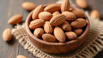 Fresh almonds in wooden bowl on rustic table, showcasing their natural texture and color, evoke sense of health and nourishment