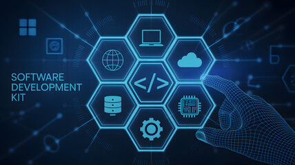 Futuristic Software Development Kit with Digital Hand Touching Cloud Icon