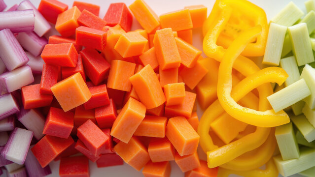 Fresh, colorful diced vegetables including purple onion, red bell pepper, orange carrot, yellow bell pepper, and green celery arranged neatly