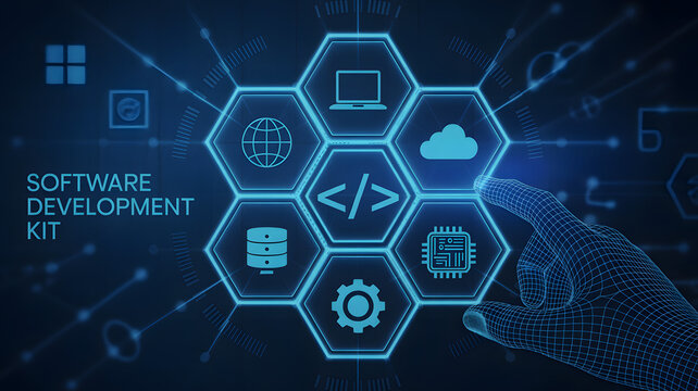 Futuristic Software Development Kit with Digital Hand Touching Cloud Icon - Powered by Adobe