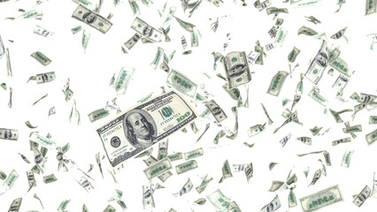 3d dollar bills falling on transparent background