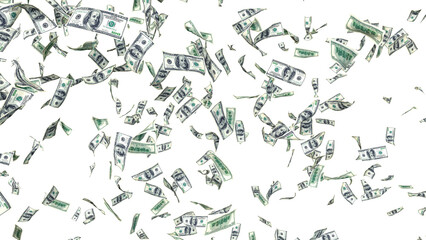 3d dollar bills falling on transparent background