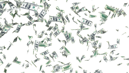 3d dollar bills falling on transparent background