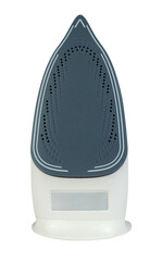 A detailed studio shot of a modern pink and white cordless steam iron, isolated on a transparent background, clearly showcasing its soleplate. Ideal for marketing materials, product catalogs