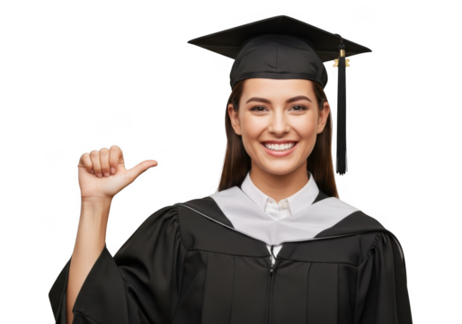 Joyful graduate student celebrates academic achievement in graduation cap and gown with thumbs up gesture transparent background - Powered by Adobe