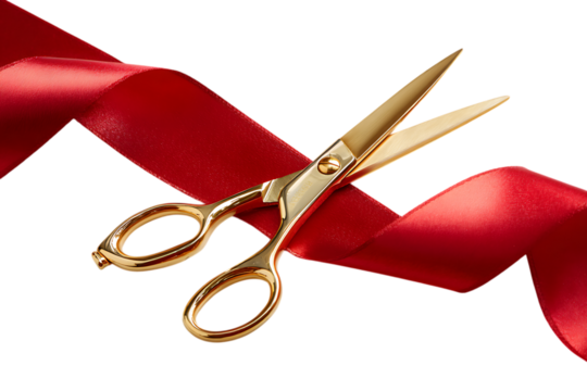 Golden scissors cutting a red ribbon, symbolizing a grand opening or celebration.