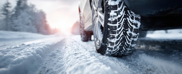 Snowy winter road with a vehicle