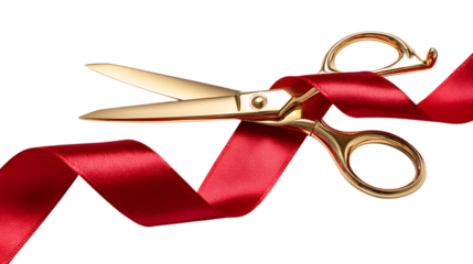Golden scissors cutting a red ribbon, symbolizing a grand opening or celebration.