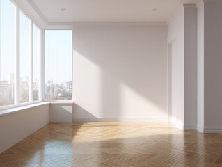 A large empty room with a window and a door