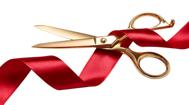 Golden scissors cutting a red ribbon, symbolizing a grand opening or celebration.