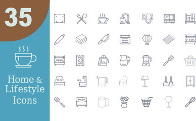 A comprehensive collection of 35 essential home and lifestyle household objects illustrated with clean and versatile graphics for various design applications