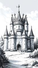 Obraz premium A majestic, stone castle, crowned with a regal crown, sits atop a gently sloping landscape, illustrated in meticulous detail.