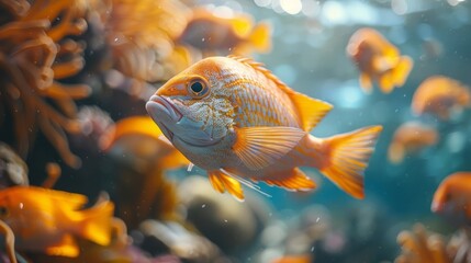 Vibrant orange tropical fish swimming in aquarium with blurred school of similar fish in background, perfect for marine life, aquarium, and underwater wildlife concepts.