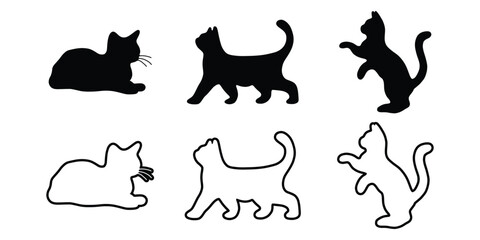 Cat Silhouette and Outline Vector Set. Sitting, Walking, Playing. Black and White Cat Icons, Pet Animal Vector Collection