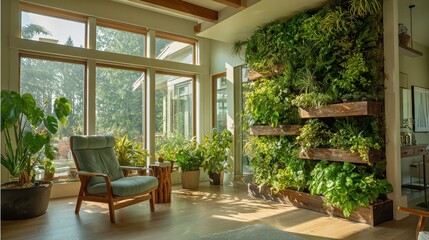 A living room with a large plant wall