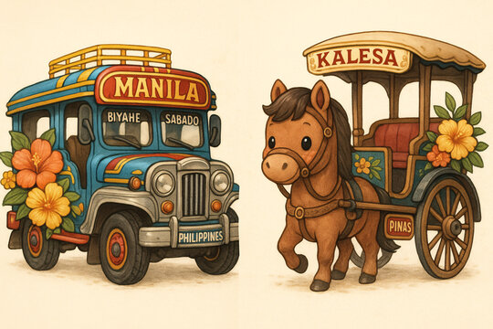 Cute illustrated jeepney and kalesa decorated with colorful flowers, representing Filipino transport heritage
