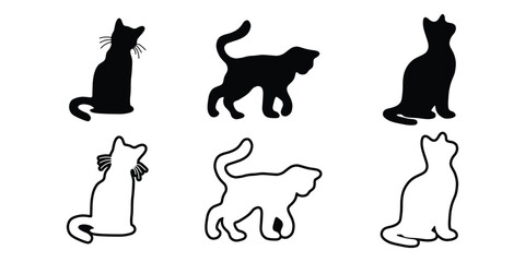 Cute Cat Outline and Solid Shape Vector Illustrations, Domestic Cat Vector Bundle. Silhouette and Line Art, Minimalist Cat Figures. Walking, Sitting, Playing Vector