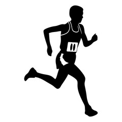 Retro vintage travel poster style runner in stride with stylized cityscape, dynamic retro sunset warm tones illustration