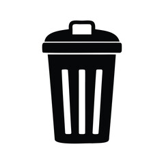 Black and white vector drawing of a simple trash can with lid, public trash can silhouette vector illustration