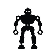 Silhouette of Retro Robot with Gears and Bulky Design on White Background, robot building parts silhouette vector illustration