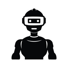 Black and white illustration of a simple robot character avatar graphic, robot and vr headset silhouette vector illustration