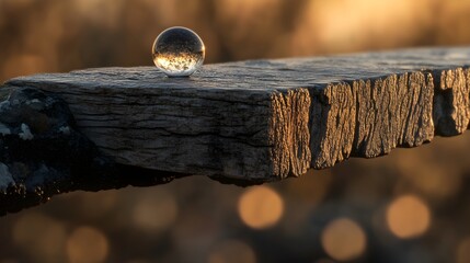Obraz premium A crystal ball reflects the warm light on a weathered wooden ledge, with a blurred background.