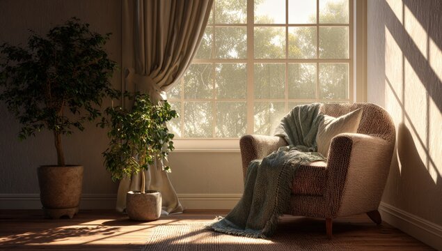 Cozy corner by a sunlit window - Powered by Adobe