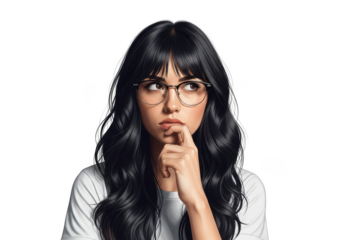 Thoughtful young woman with glasses pondering deeply with hand to chin transparent background