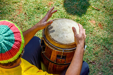 Rustic wooden drum called atabaque used in various cultural manifestations in Brazil