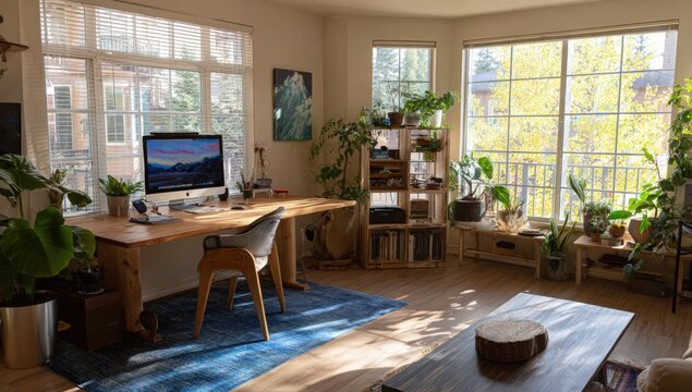 Bright home office with large windows