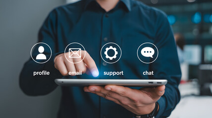 Man accessing online support options via tablet, modern tech interface concept