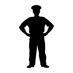 Gritty graphic novel style police officer silhouette in neon cityscape with rain, skyscrapers, noir tension and urban authority