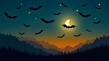 Flying Bats in Spooky Halloween Night Sky