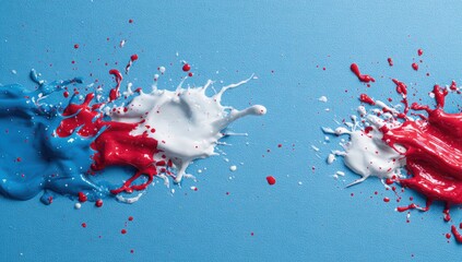 Abstract paint splatters in blue, red, and white on a light-blue background