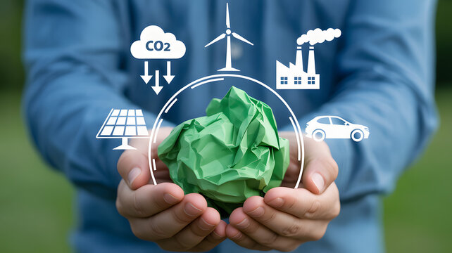 Green energy concept with person holding paper ball and eco symbols - Powered by Adobe
